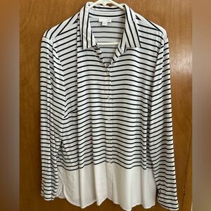 J Jill Blouse Women’s Size Large Black And White Stripe Long Sleeve Button-Up